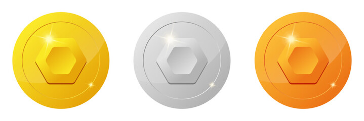 set of gaming coins design element. Gold, silver, bronze ranking medal coins. bolt icon for video game UI or app animation. reward and cash treasure concept for casino © Sunil