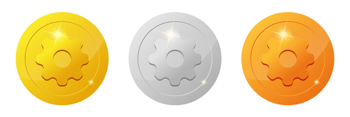 Fototapeta premium set of gaming coins design element. Gold, silver, bronze ranking medal coins. gear icon for video game UI or app animation. concept reward and cash treasure for casino