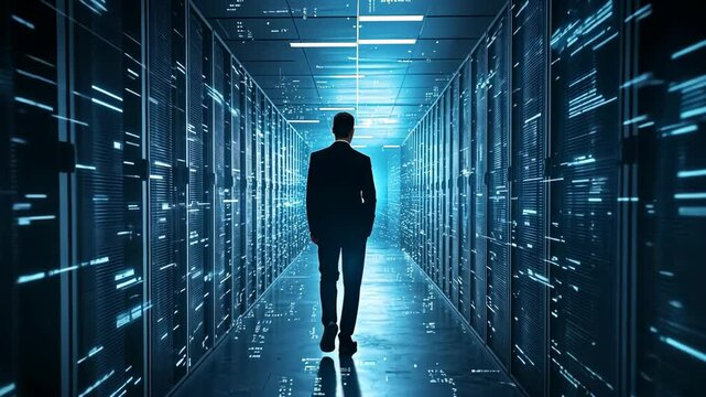 Businessman silhouette walking in futuristic server room with code displayed on walls expert implementing data governance strategy