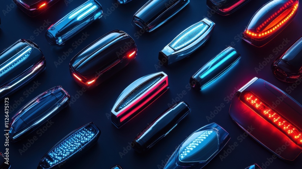 Poster Various LED car headlights and tail lights are organized neatly against a dark background, leaving room for additional text or graphics. Generative AI