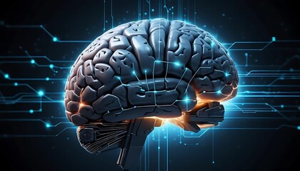 Futuristic Brain with Circuitry, Illustrates Neural Networks and AI
