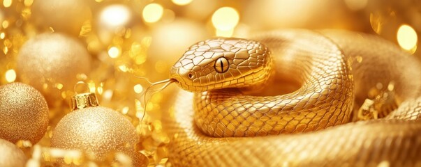 A gold snake wrapped around golden festive decorations. 2025 year of the snake