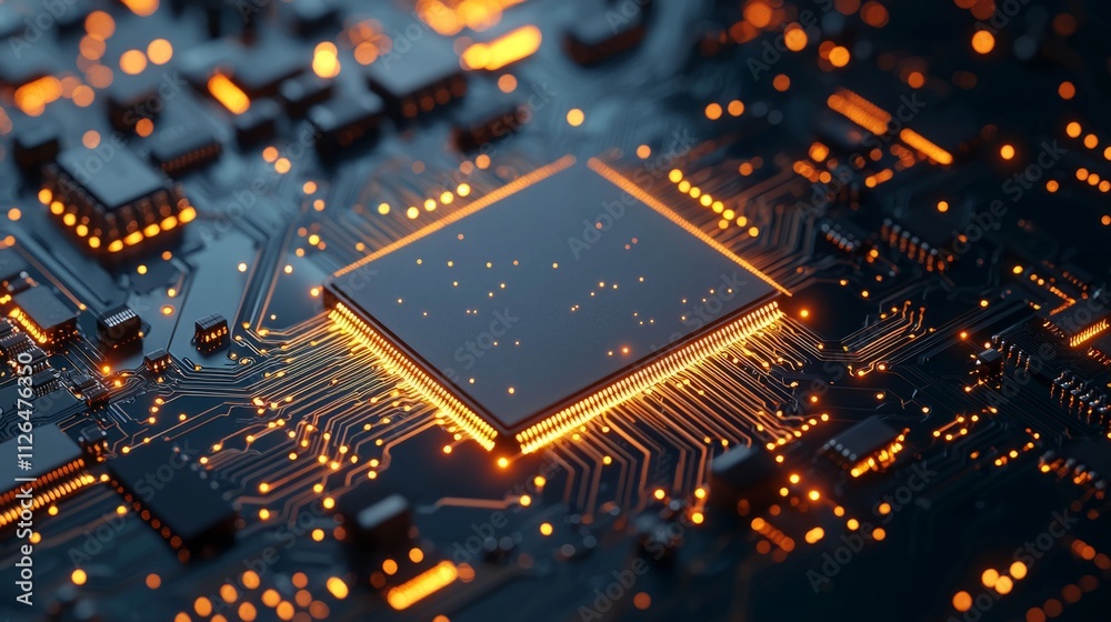 Aufkleber Close-up view reveals a complex circuit board filled with interconnected components. Bright orange lights shine from various sections, showcasing the intricate design and technology at work