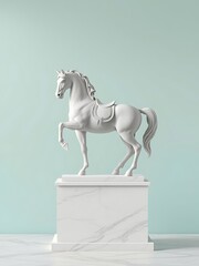 White Marble Horse Sculpture on Pedestal Against a Mint Green Wall. AI Generated