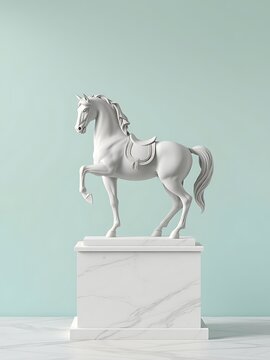 Naklejki White Marble Horse Sculpture on Pedestal Against a Mint Green Wall. AI Generated