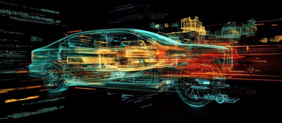 Transparent car model with internal components shown in motion with digital data stream.