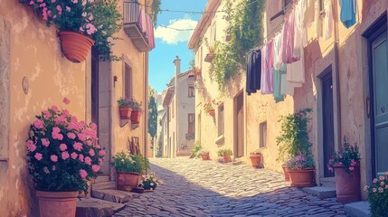 Charming cobblestone alley lined with flower pots and hanging laundry vibrant sunny day