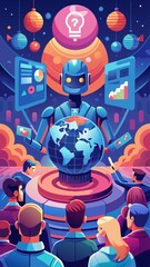 The robot is talking to the people and they are all looking at it