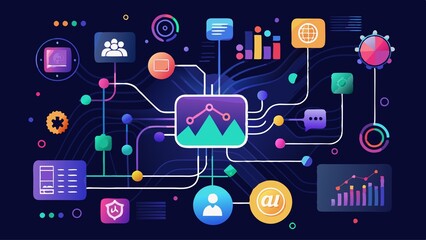 A colorful image of many icons and symbols, including Facebook, Twitter