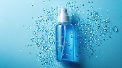 Transparent spray bottle with water droplets on blue surface