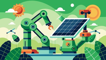 A cartoonish drawing of a solar panel factory with robots and solar panels