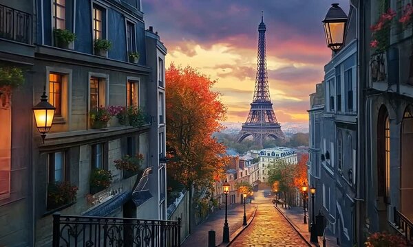 Parisian Evening: Cobblestone Street, Eiffel Tower View, Autumn Hues