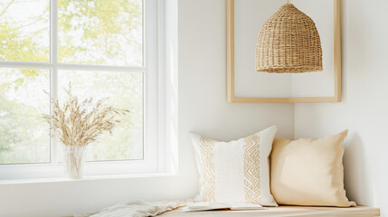 A cozy and serene corner featuring window with natural light, decorative pillows, and woven pendant lamp. soft colors and textures create warm atmosphere perfect for relaxation