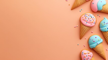 Colorful Vintage Ice Cream Cones with Sprinkles on a Peach Background for Summer Dessert Delight
