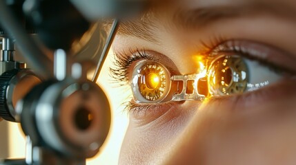 Fototapeta premium Close-Up View of an Eye Exam with Optical Instruments Focusing on the Vision Test Process Showing Detailed Examination of Human Eye Health