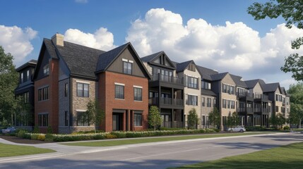 Row of modern townhouses with brick and stone facades,  under a partly cloudy sky.