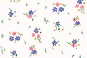 Seamless floral pattern, liberty ditsy print of mini plants in summer country motif. Cute botanical design with small hand drawn flowers, leaves, simple tiny bouquets on white. Vector illustration.