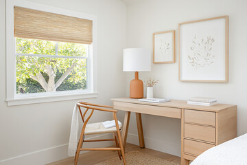 A cozy and modern workspace featuring wooden desk, stylish lamp, and natural decor elements. soft light from window enhances serene atmosphere, perfect for productivity