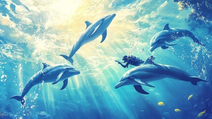 Naklejka premium Underwater dolphins diver blue ocean, captivating marine life sunlit waters, vibrant aquatic wildlife, serene underwater scene