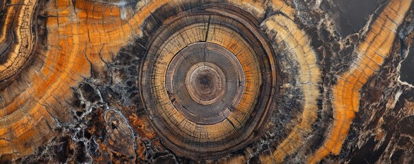 Close-up of tree rings, cross-section of wood with visible cracks and grain patterns, symbolizing the age-old beauty of nature's artistry.