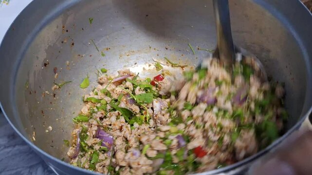 Cooking at home, pork larb, looks delicious