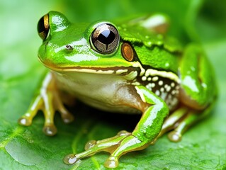 Obraz premium close-up of a vibrant green frog on a leaf
