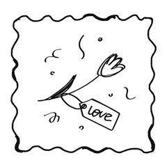Modern poster placard or clip art with a valentine's day theme. Valentine doodle card illustration with tagged flower, childlike naive vector art style