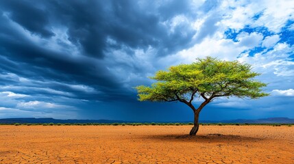 Fototapeta premium Nature's resiliencelone tree in arid landscape under dramatic stormy sky desert environment wide-angle viewpoint survival theme