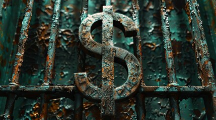 Rusty Dollar Sign Imprisoned Behind a Corroded Metal Grate