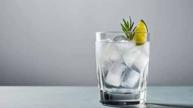 a glass with a sparkling gin and tonic with ice garnished with lime and rosemary. Copy space area alcoholic beverages and cocktails
