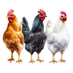 Naklejka premium A vibrant display of three distinct chickens featuring different feather colors and textures, showcasing their unique characteristics.