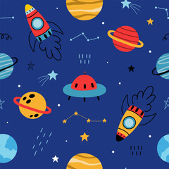 Seamless pattern with cute planets, stars, ufo, earth, constellations, rockets, space, saturn on dark blue background. Creative kids texture for fabric, prints, wallpaper, decorations, textiles.