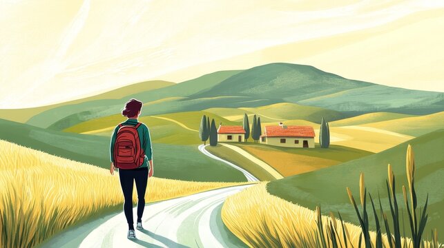 Scenic countryside, rolling hills, person walking, rural landscape, cozy houses in nature, peaceful outdoor scene