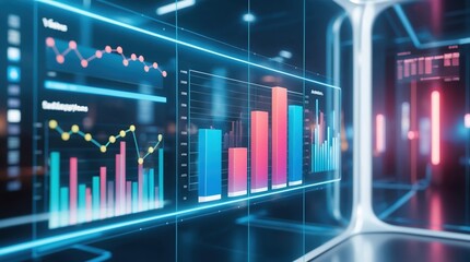 Futuristic digital dashboard displaying colorful graphs and data visualizations, emphasizing analytics and statistics in a sleek, advanced environment.