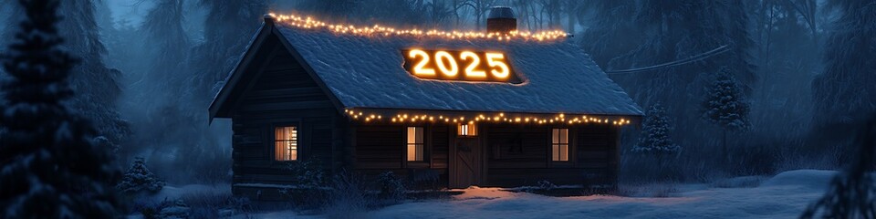 A cozy cottage with 2025glowing softly in warm fairy lights along its roof