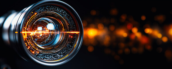 Close-up of camera lens with colorful reflections on a dark background, capturing the essence of photography and optics.