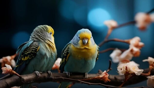 Pair of parakeets perched on a tree branch