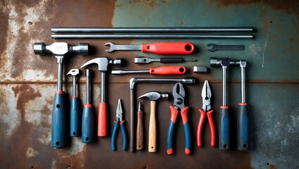 Variety of hand tools including hammers, pliers, wrenches, and screwdrivers arranged on a textured metal surface.