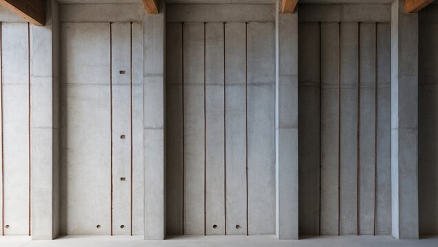 Minimalist concrete walls combined with wooden beams feature vertical lines and openings, exuding an industrial ambiance in modern architectural design.