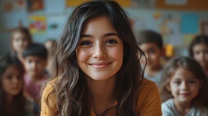 Smiling young woman surrounded by a diverse group of children in a classroom.