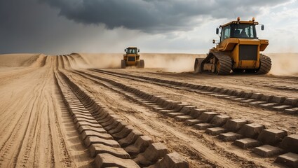 Heavy machinery working on sandy terrain, creating deep tracks under a cloudy sky, conveying industrial activity and construction progress.