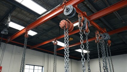 Industrial ceiling mounted pulleys with heavy chains in a warehouse, designed for functionality and efficient workspace organization.