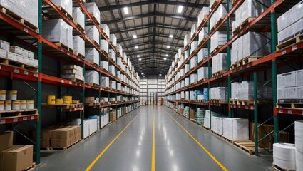 Interior of a warehouse featuring organized shelves stocked with boxes and materials under bright overhead lighting, illustrating a clean and efficient storage space.