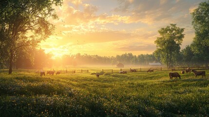 Fototapeta premium Tranquil Morning on a Quaint Farm in the Countryside with Animals