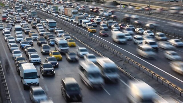 City traffic time lapse in sunset. City traffic at rush hour. Heavy evening traffic. Cars trying to reach home at rush hour. Blurred background and glittering chaos. 