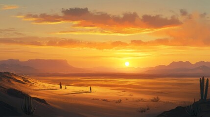 Sunset over desert landscape, silhouettes of two people walking, scenic view of horizon, golden hour sky, breathtaking sunset