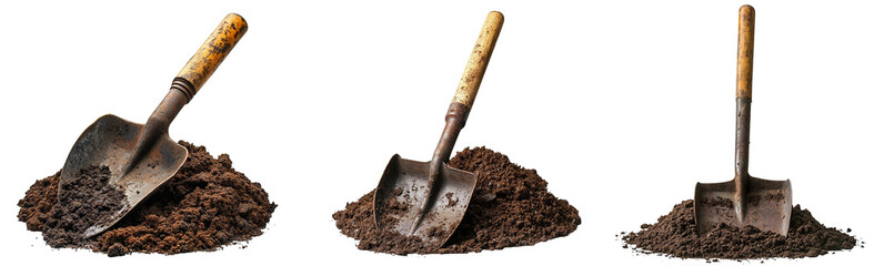 three metal garden shovels on piles of rich dark soil transparent background