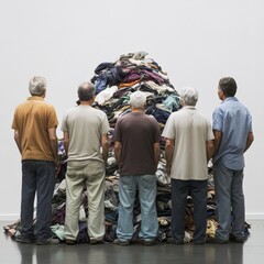 men observing a pile of clothes in an art installation