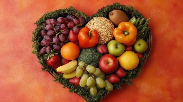 A vibrant photo showcasing a heartshaped bowl filled with nutritious diet foods, including fresh fruits, vegetables, and whole grains, promoting heart health and cardiovascular wellness.