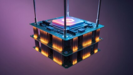 A high-tech microprocessor with glowing circuits, suspended above a reflective surface, highlighted by a purple background, showcasing advancements in technology and innovation.